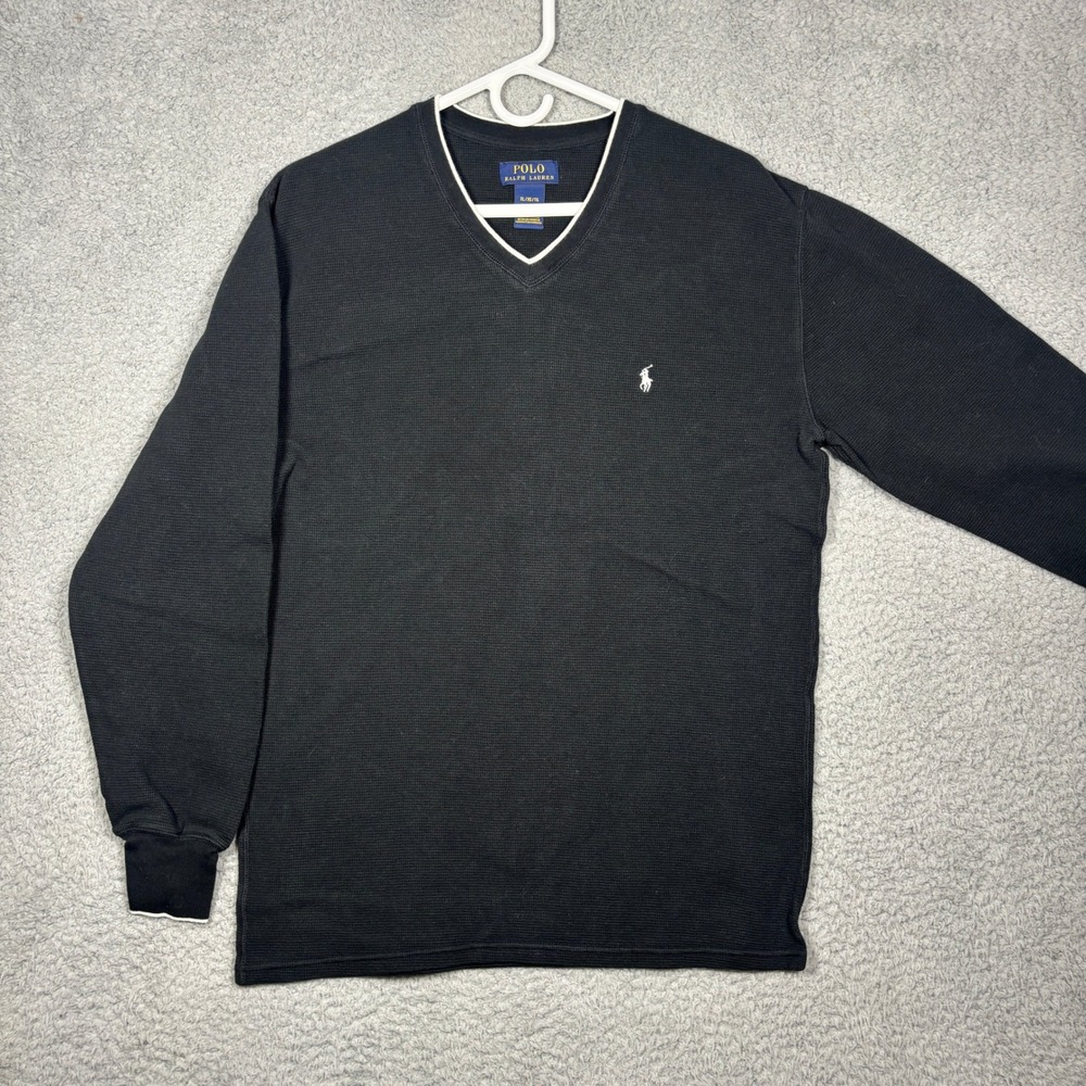Polo Ralph Lauren Mens XL Black Waffle Knit V-Neck Thermal Long Sleeve Shirt